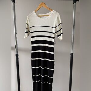 Nine West Black & White Striped Rib Knit Midi Dress